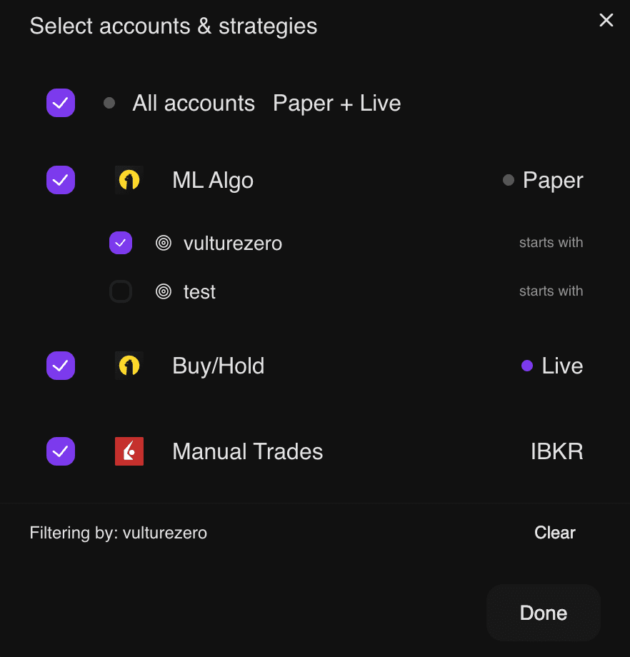 Account and strategy selector showing Alpaca and IBKR accounts