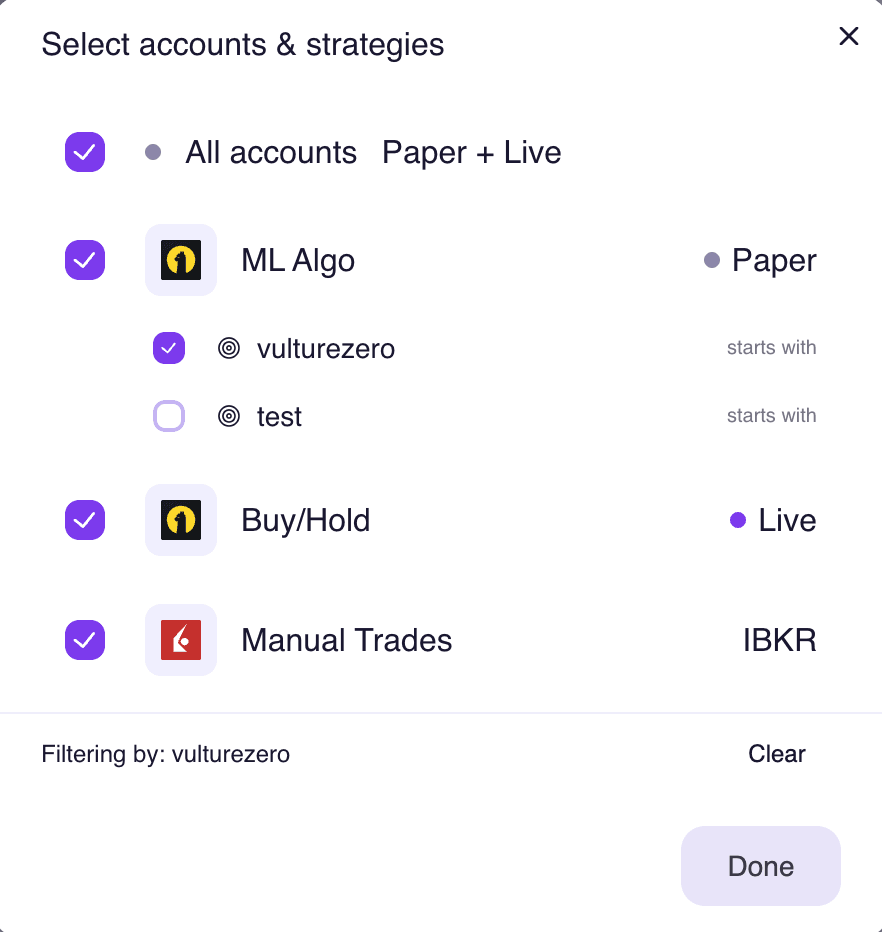 Account and strategy selector showing Alpaca and IBKR accounts